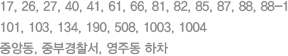 17, 26, 27, 40, 41, 61, 66, 81, 82, 85, 87, 88, 88-1, 101, 103, 134, 190, 508, 
	1003, 1004
	중앙동, 중부경찰서, 영주동 하차